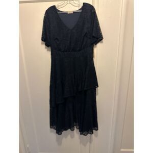 Kiyonna Dress 1X Navy Blue Floral Lace Wrap Midi Cocktail Evening Romantic NEW